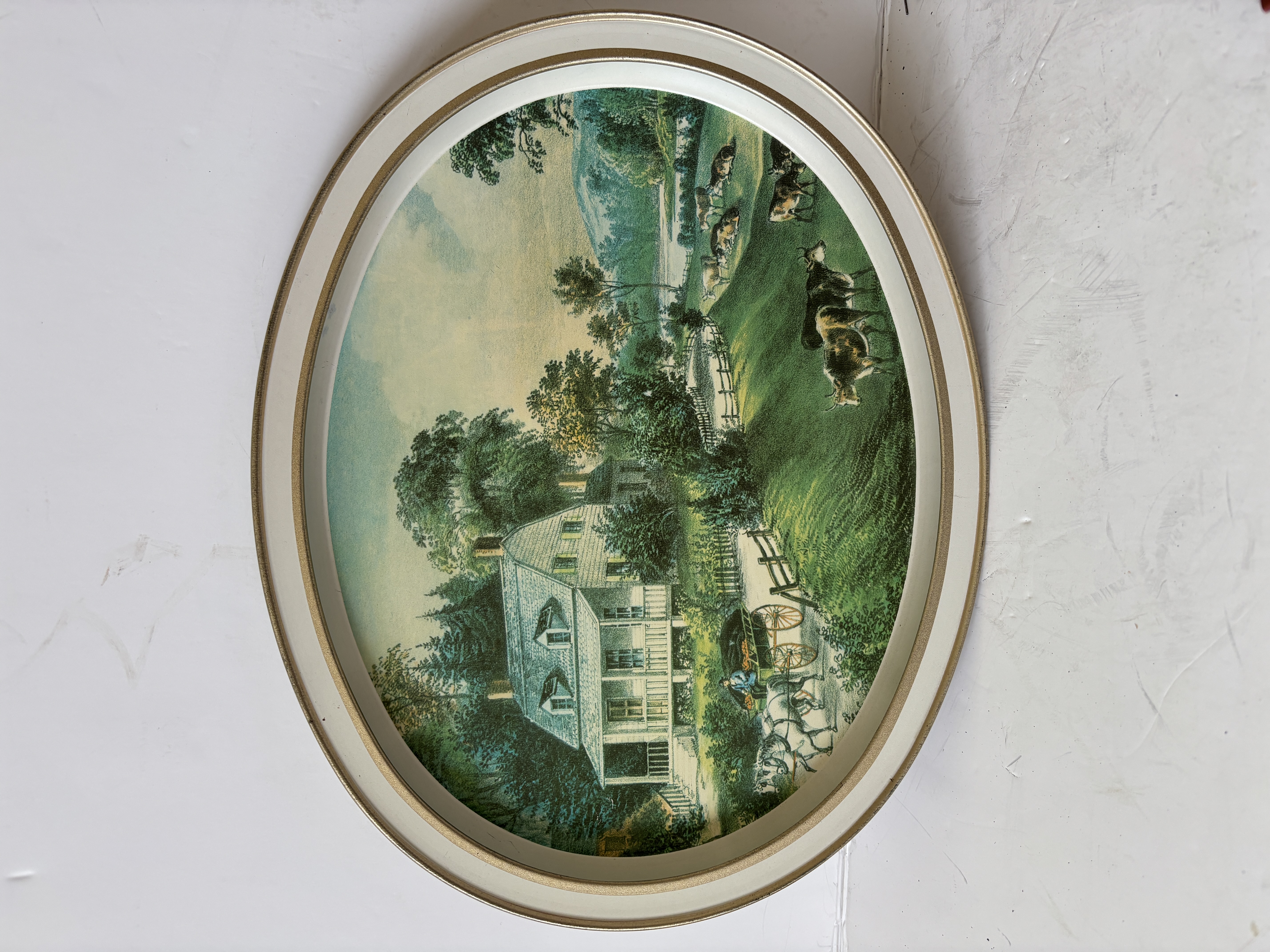 VTG Oval collectible tin tray with currier and Ives American homestead summer