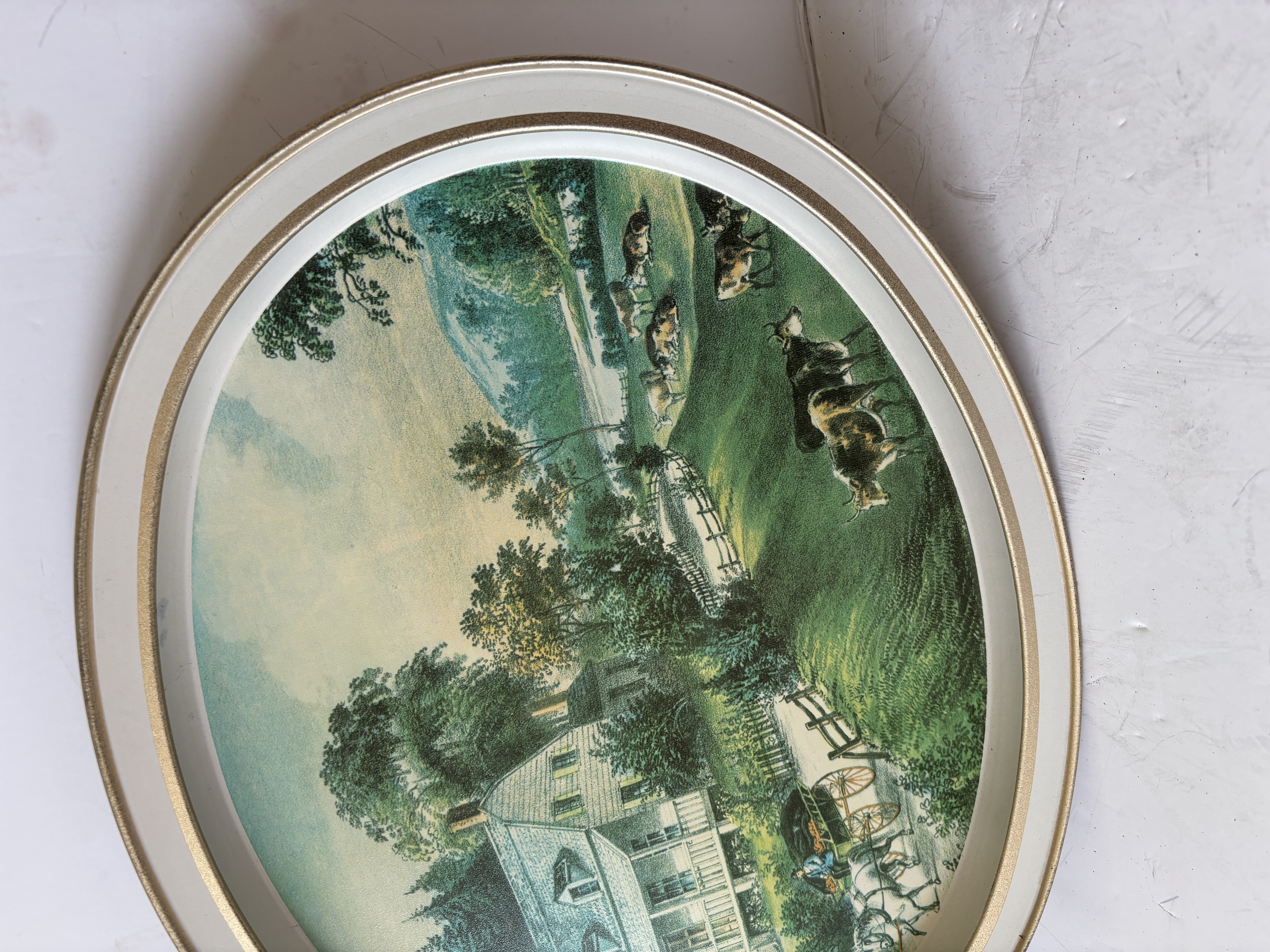 VTG Oval collectible tin tray with currier and Ives American homestead summer