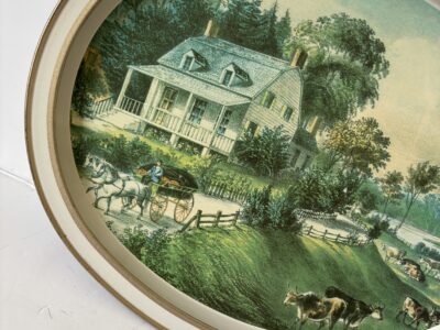 VTG Oval collectible tin tray with currier and Ives American homestead summer