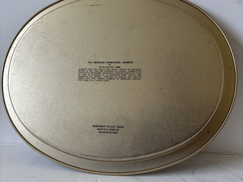 VTG Oval collectible tin tray with currier and Ives American homestead summer