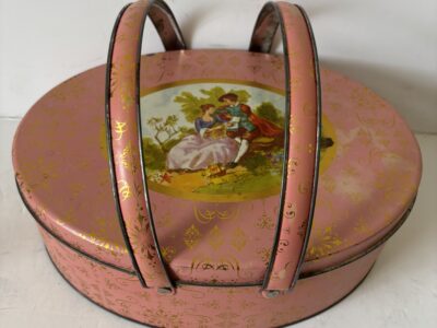 Vintage oval tin box or basket with lid Victorian SD veneer in lid