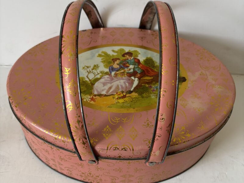 Vintage oval tin box or basket with lid Victorian SD veneer in lid