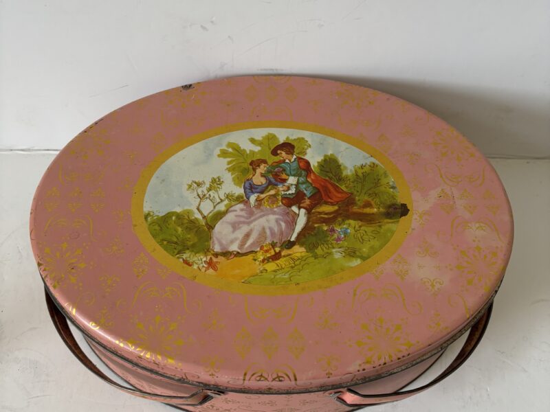 Vintage oval tin box or basket with lid Victorian SD veneer in lid