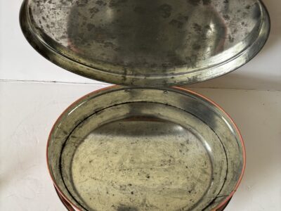 Vintage oval tin box or basket with lid Victorian SD veneer in lid
