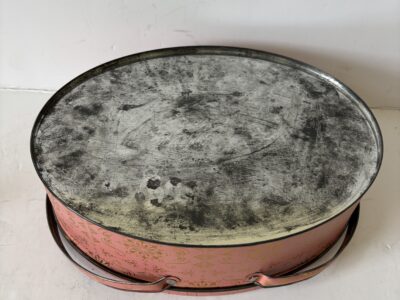 Vintage oval tin box or basket with lid Victorian SD veneer in lid