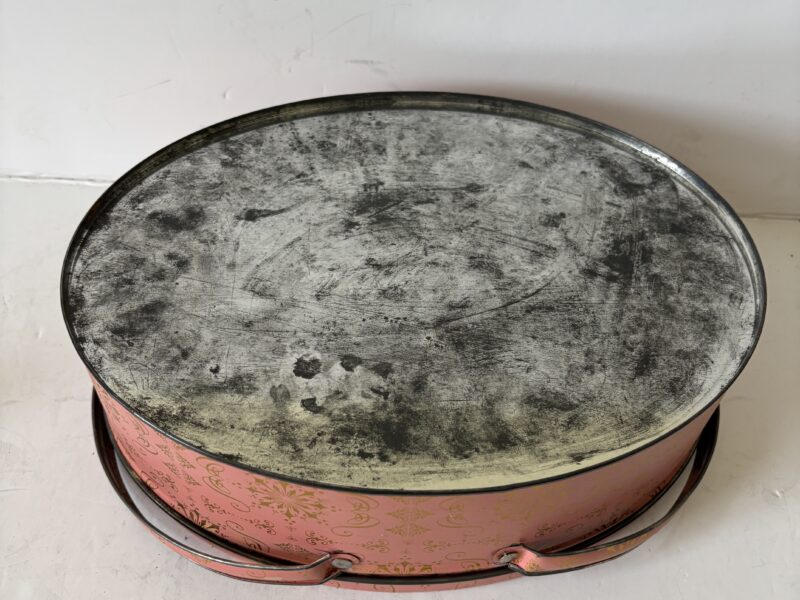 Vintage oval tin box or basket with lid Victorian SD veneer in lid