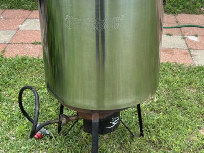 SOLD Bayou Classic 82 qt stainless steel pot with basket plus accessories