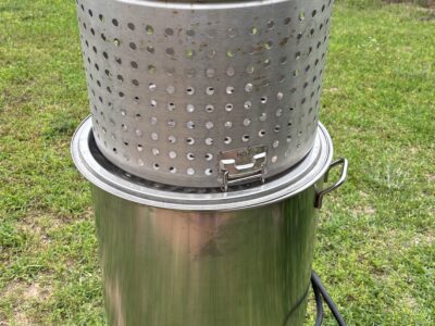 SOLD Bayou Classic 82 qt stainless steel pot with basket plus accessories