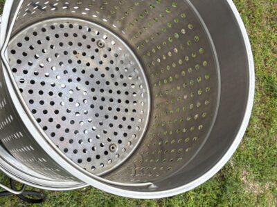 SOLD Bayou Classic 82 qt stainless steel pot with basket plus accessories