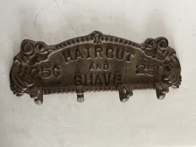 Cast iron Wall Hanger with 4 Hooks Vintage sign "Haircut and Shave"