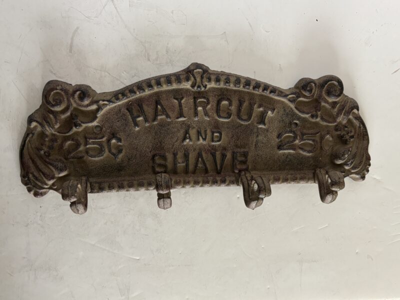 Cast iron Wall Hanger with 4 Hooks Vintage sign "Haircut and Shave"
