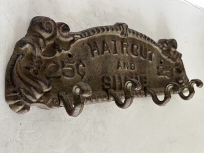 Cast iron Wall Hanger with 4 Hooks Vintage sign "Haircut and Shave"