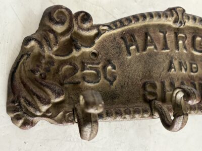 Cast iron Wall Hanger with 4 Hooks Vintage sign "Haircut and Shave"