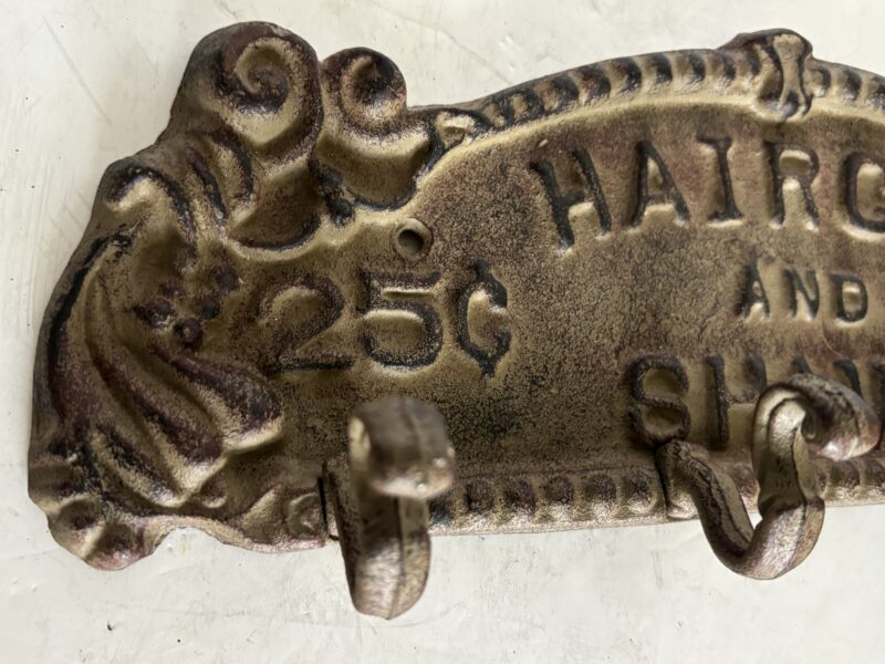 Cast iron Wall Hanger with 4 Hooks Vintage sign "Haircut and Shave"