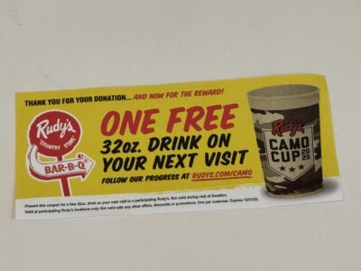 FREE COUPON ONE FREE 32 oz. Drink at RUDY'S Bar-B-Q