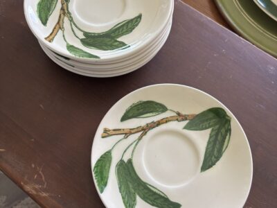 Metlox Poppytrail California Fruit 6" Saucer white porcelain with vine or branch with leaves graphics