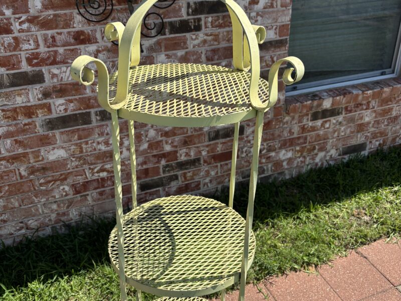 SOLD Metal yellow round 64" tall wrought iron 4-tier Shelf
