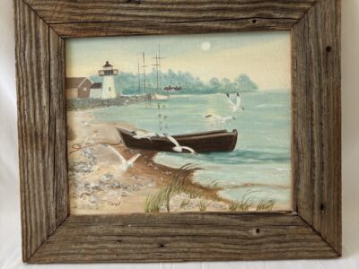 Sea view with lighthouse and boat Painting original oil on canvas