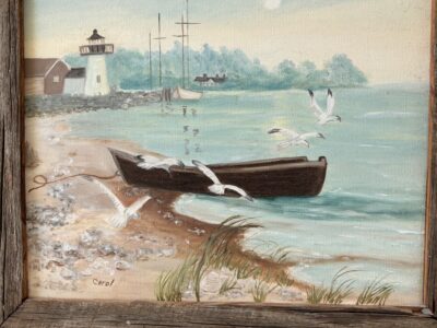 Sea view with lighthouse and boat Painting original oil on canvas